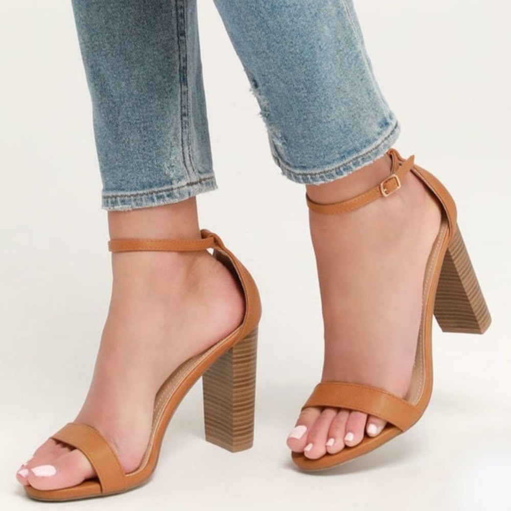 LuLus Taylor Camel Stacked Ankle Strap Heels 7